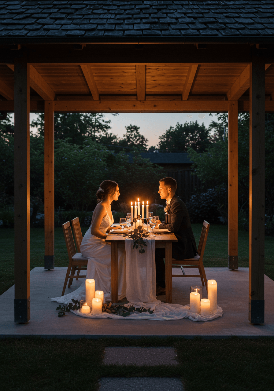 Intimate candlelit wedding dinner for two at Japanese-inspired garden pavilion table during twilight hours