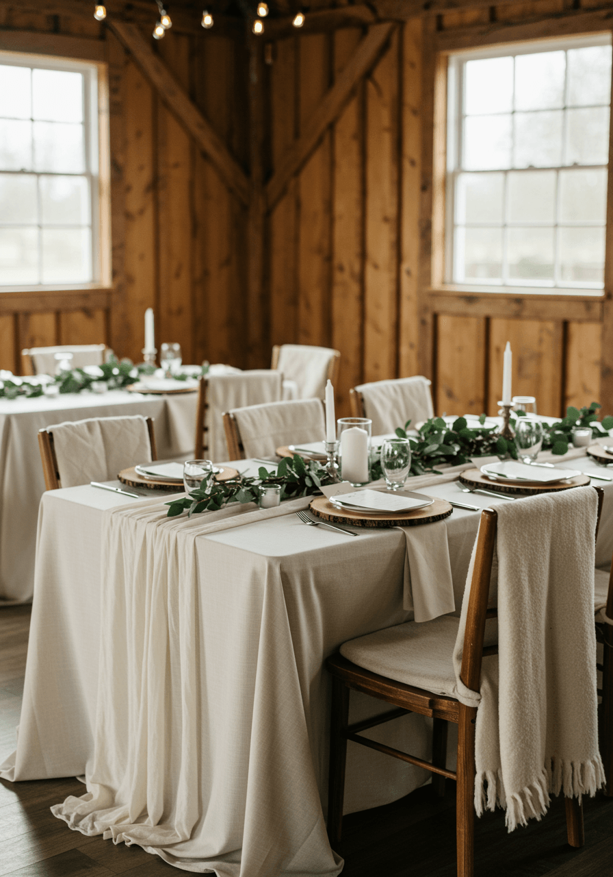 Cozy barn wedding reception table with cream linens and wool throw blankets draped over wooden chairs