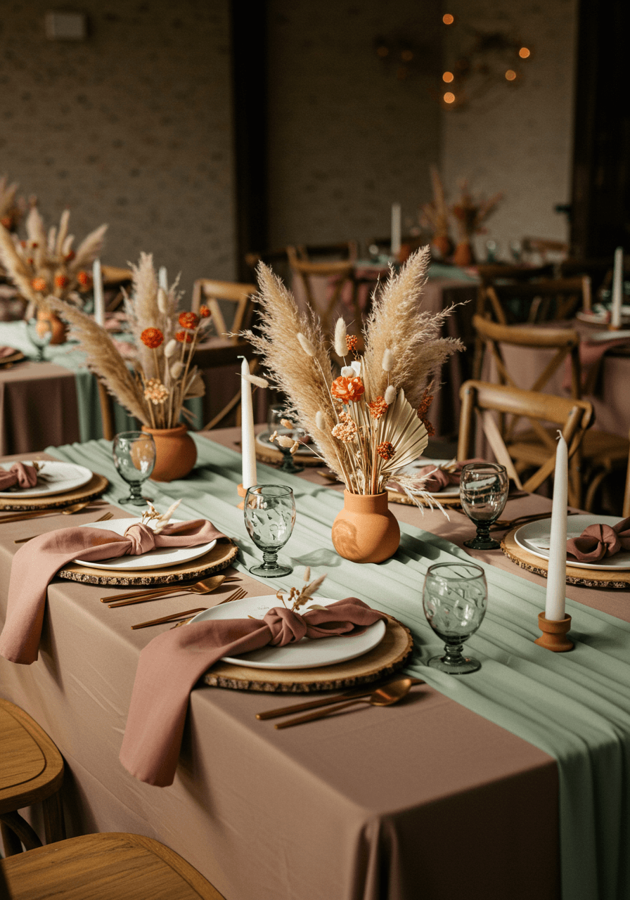 Wedding reception tablescape featuring muted earth tone linens in taupe and sage green with wooden charger plates