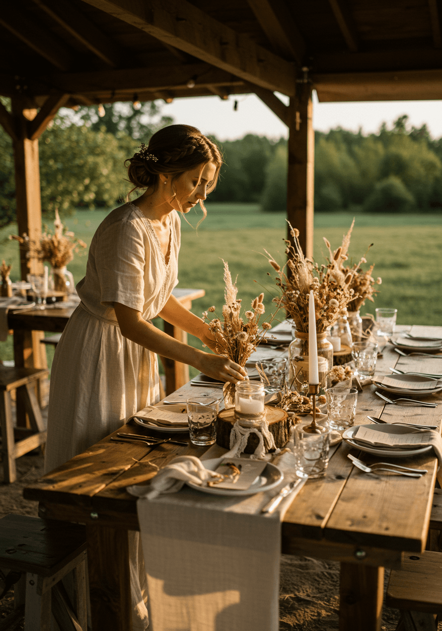 Bride in linen dress arranging dried wildflowers and sustainable wood elements on outdoor reception tables