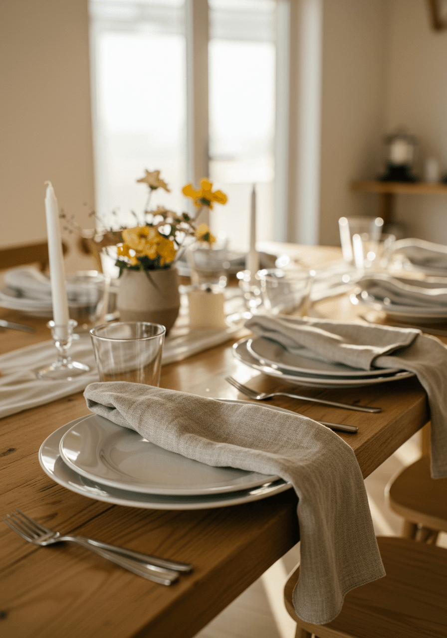 Elegant linen napkin place settings arranged on wooden table illuminated by warm golden hour light