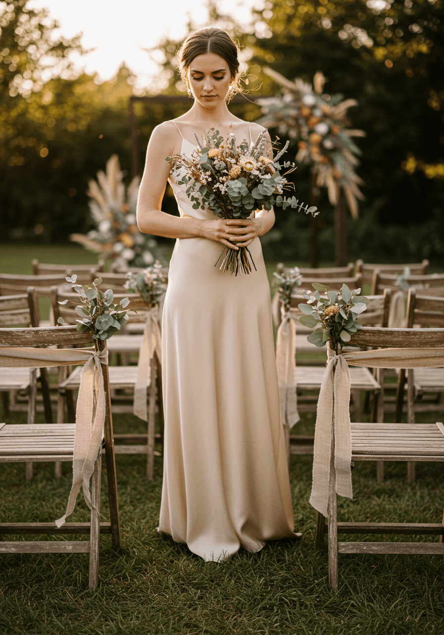Bride in champagne silk dress holding dried flower bouquet beside rustic wooden chairs with earth tone ribbon details