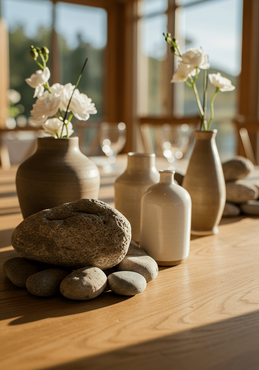 Handcrafted ceramic and stone wedding centerpieces arranged on wooden table during warm golden hour