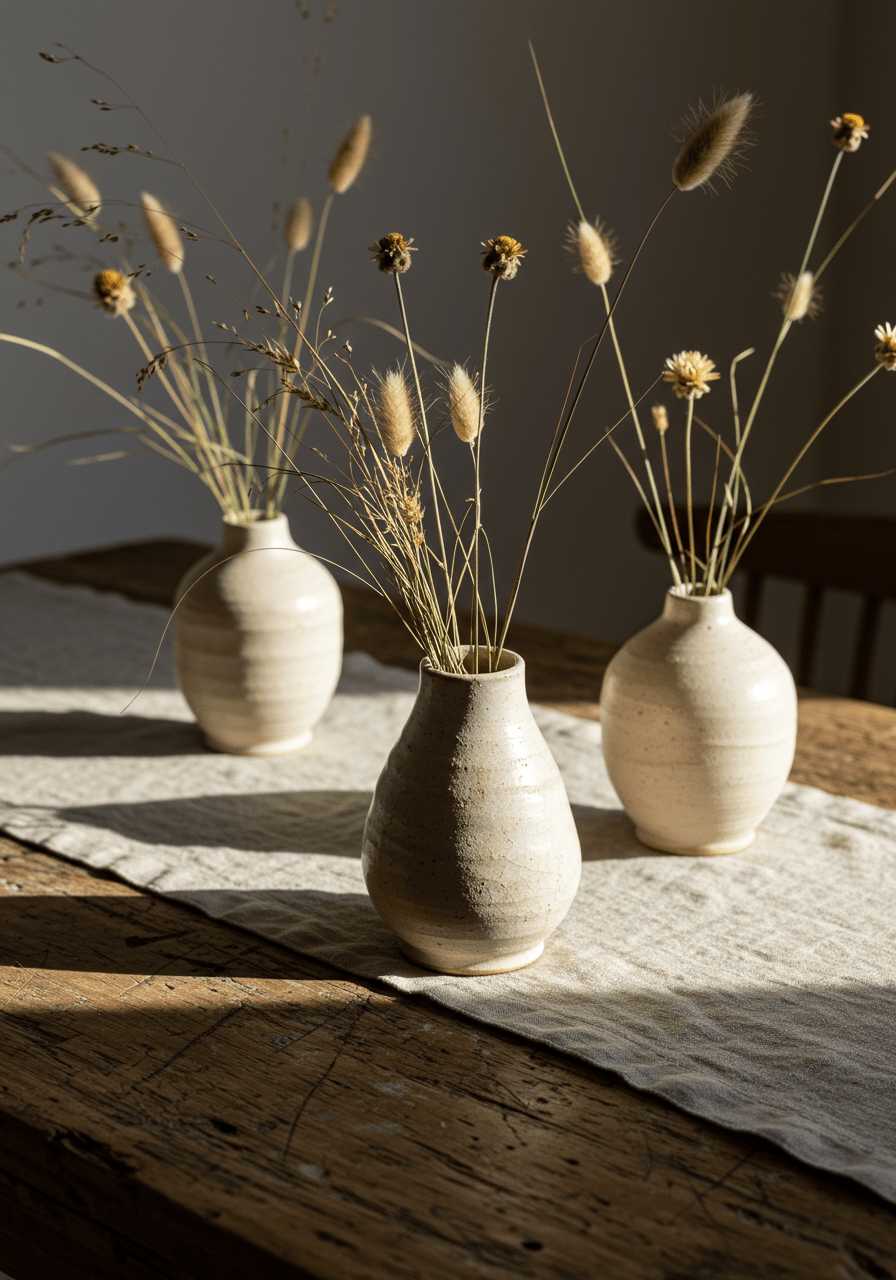 Handcrafted ceramic vessels with visible potter's marks holding dried grasses arranged on rustic wooden table