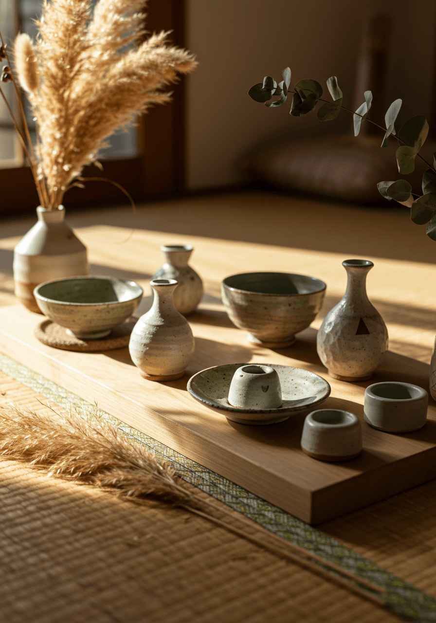 Handcrafted pottery pieces with shallow bowls and vases arranged with dried pampas grass on wooden platform