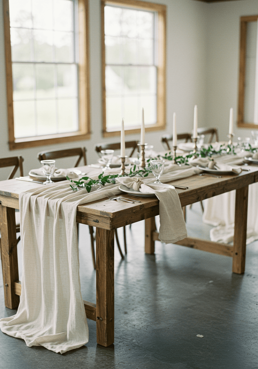 Natural linen table runners draped across wooden farm tables in bright, airy indoor wedding venue