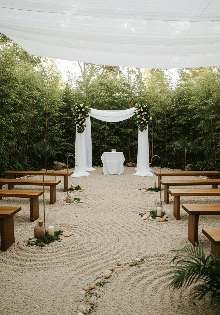 Minimalist outdoor wedding ceremony with white fabric altar and raked gravel patterns leading to wooden benches