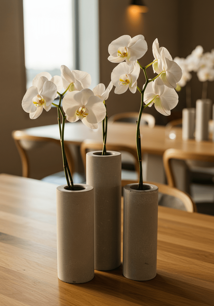Single white orchid stem in tall concrete vase creating striking minimalist centerpiece on reception table