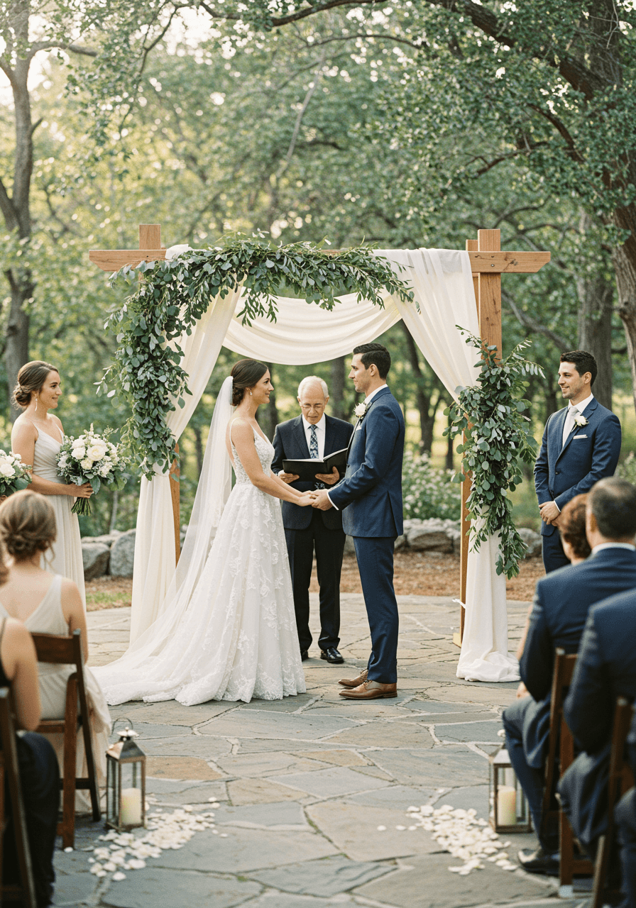 Couple exchanging vows beneath minimalist wooden ceremony arch adorned with cascading eucalyptus in peaceful garden setting