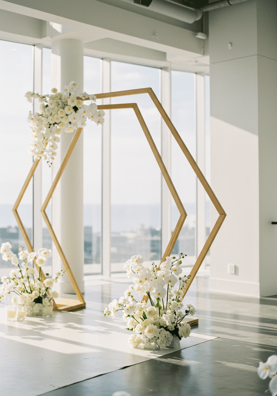 Detail view of geometric wedding altar accented with simple white orchids in bright contemporary space