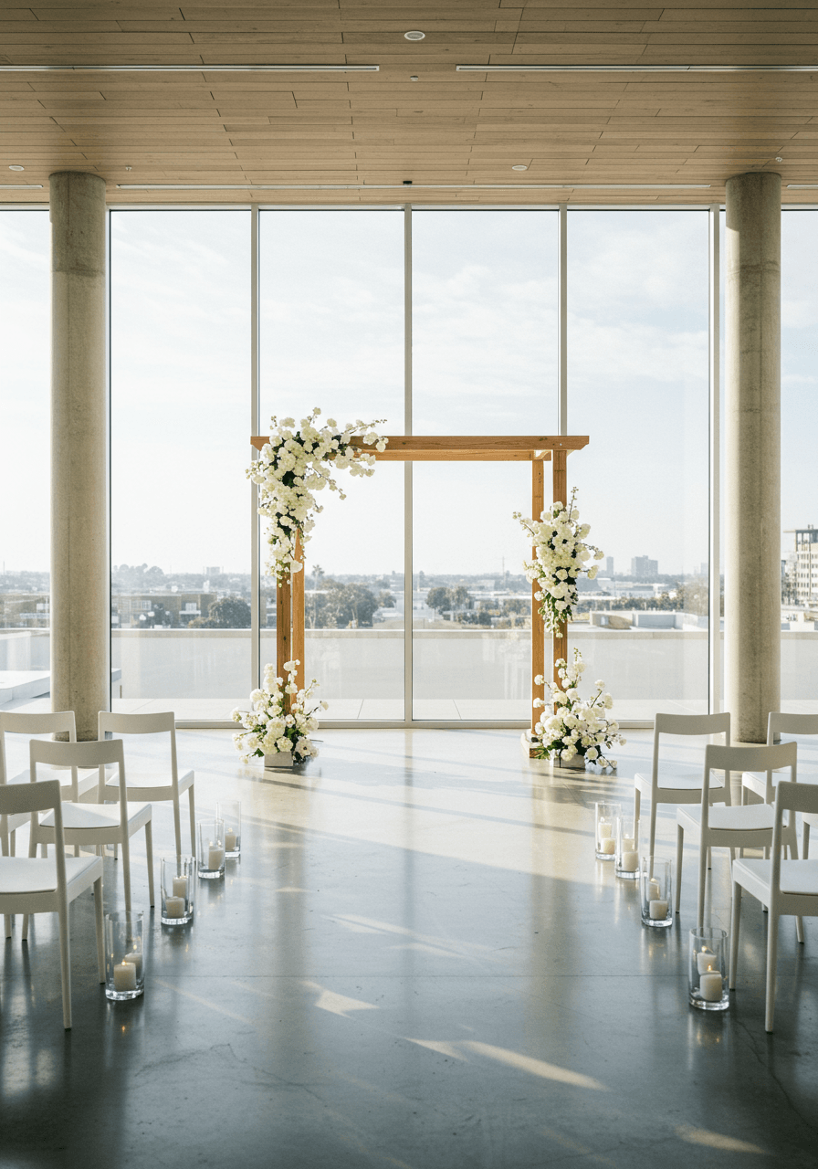 Minimalist wedding ceremony altar featuring clean geometric lines in modern venue with floor-to-ceiling windows