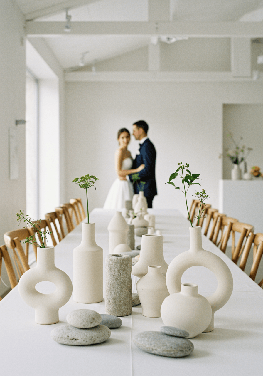 Newlyweds seated behind elegant reception table featuring artful stone and ceramic centerpiece vessels