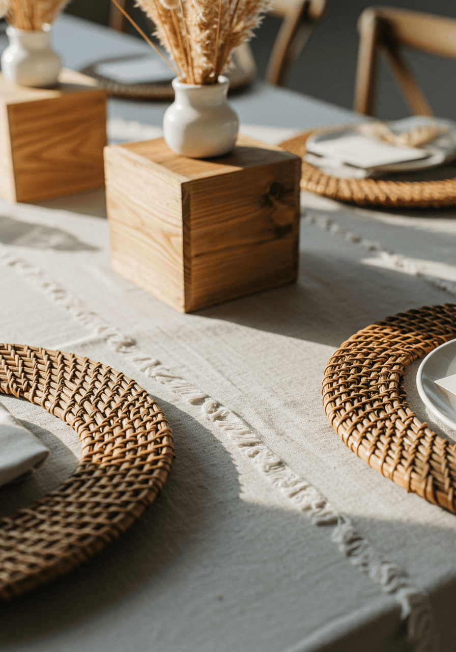Close-up detail of rattan charger plates and natural linen table runner showcasing organic texture layering