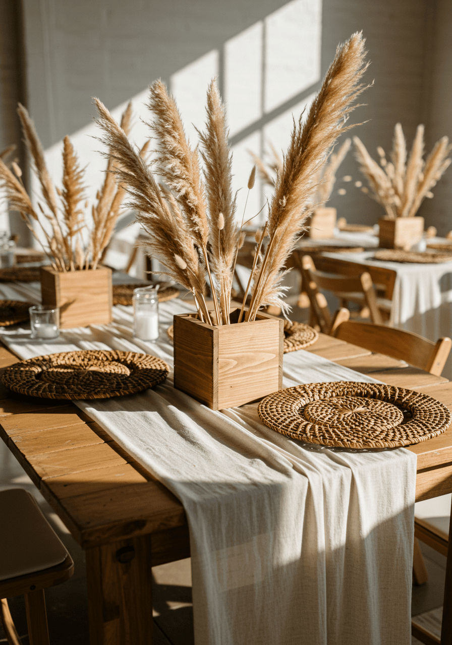 Wedding reception table featuring linen runners and rattan charger plates with dried pampas grass centerpieces