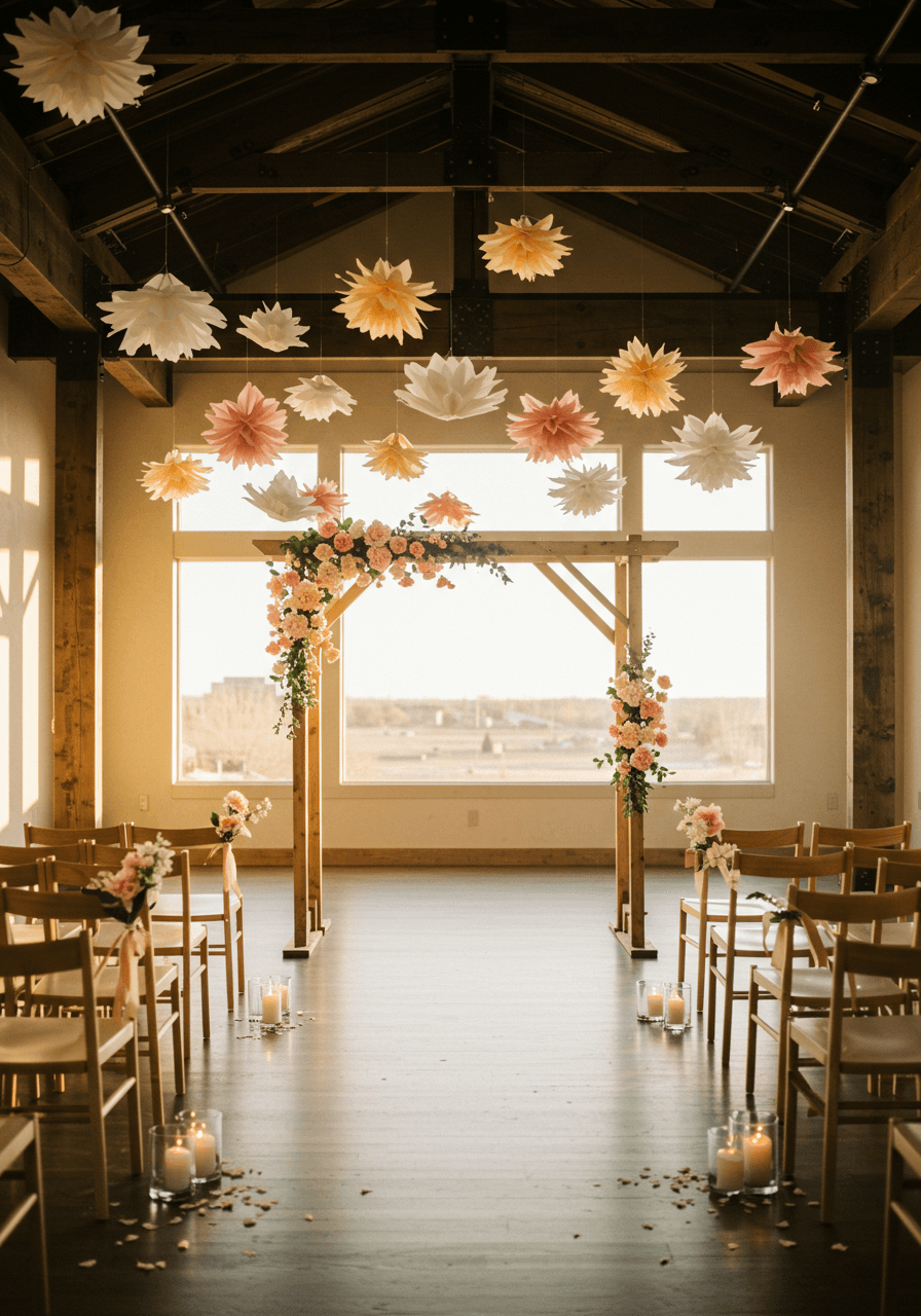 Delicate origami flowers in blush and white paper suspended at varying heights above wooden ceremony arch