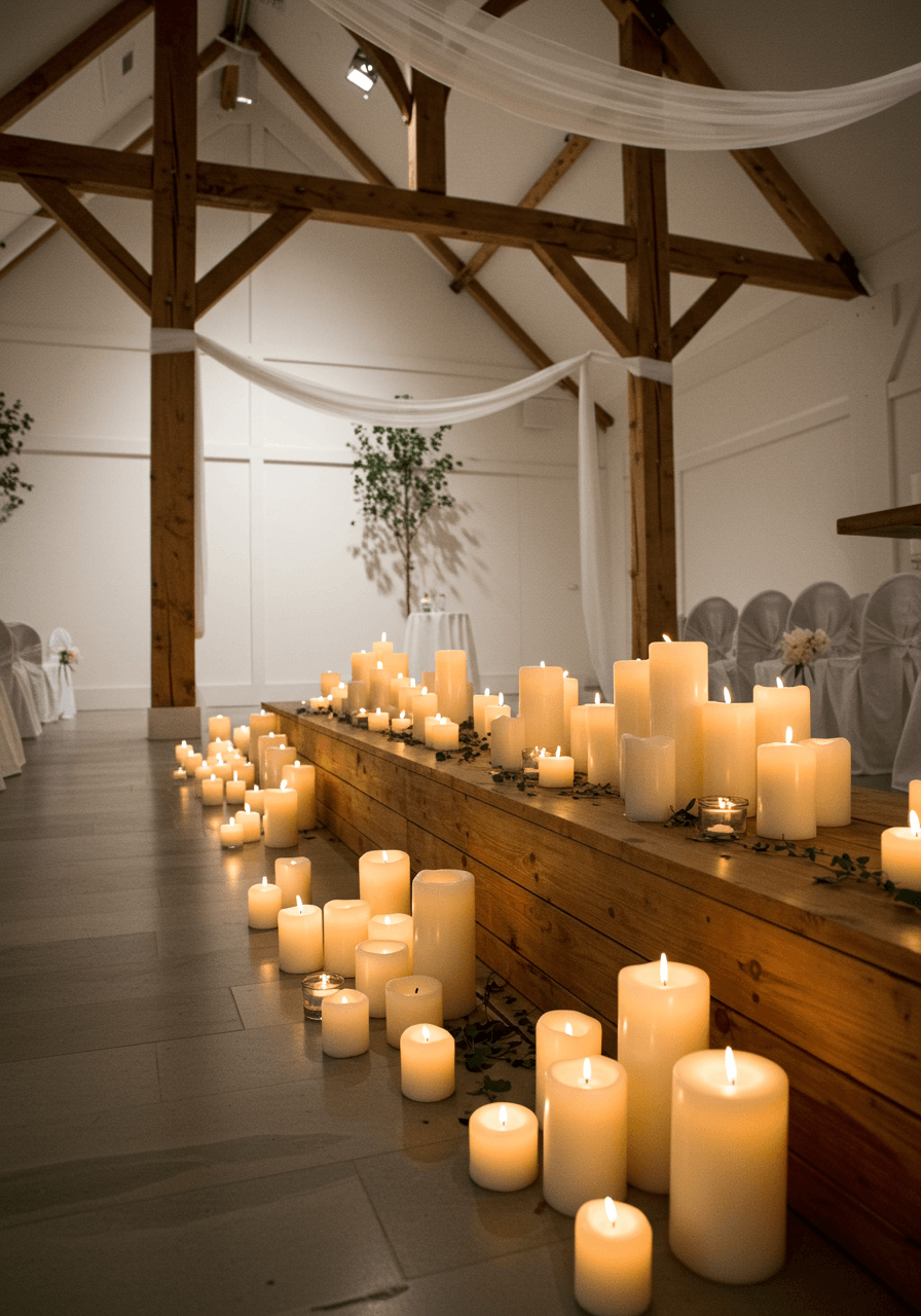 Wide view of Nordic candle arrangement on wooden platform with clean white walls and natural wood beams