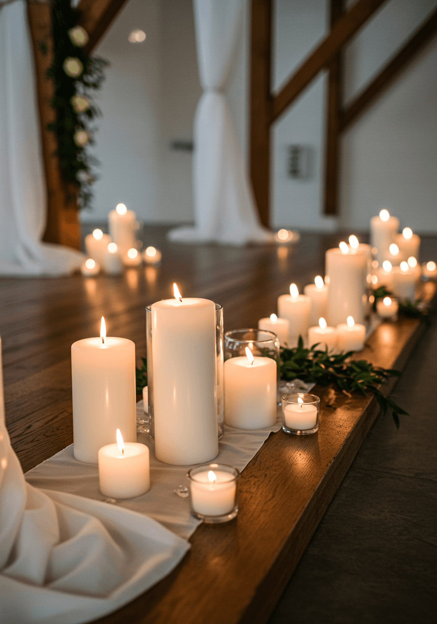 White pillar candles and tea lights arranged on low wooden platform in Scandinavian-style ceremony space
