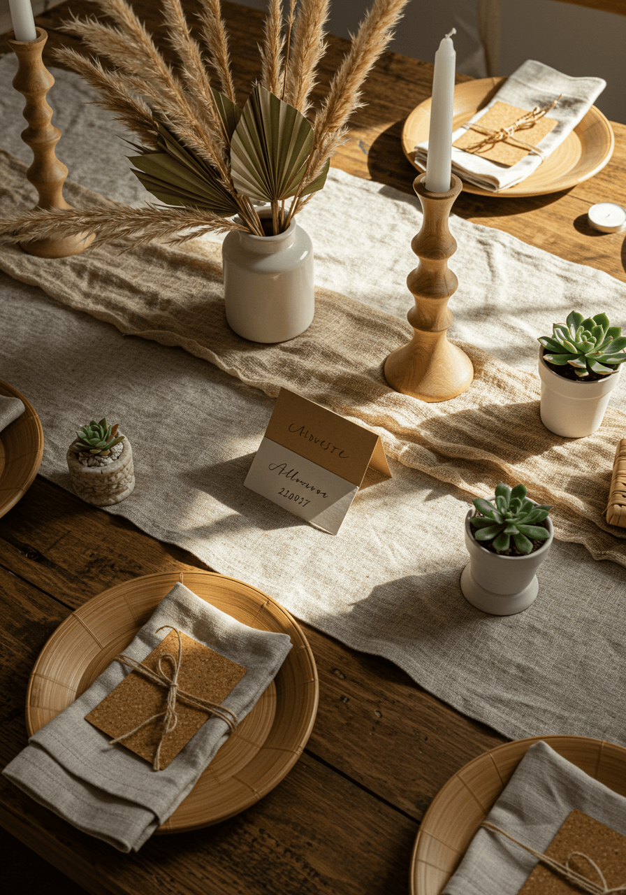 Flat lay of sustainable wedding decor materials including bamboo chargers and hemp runners on wooden table