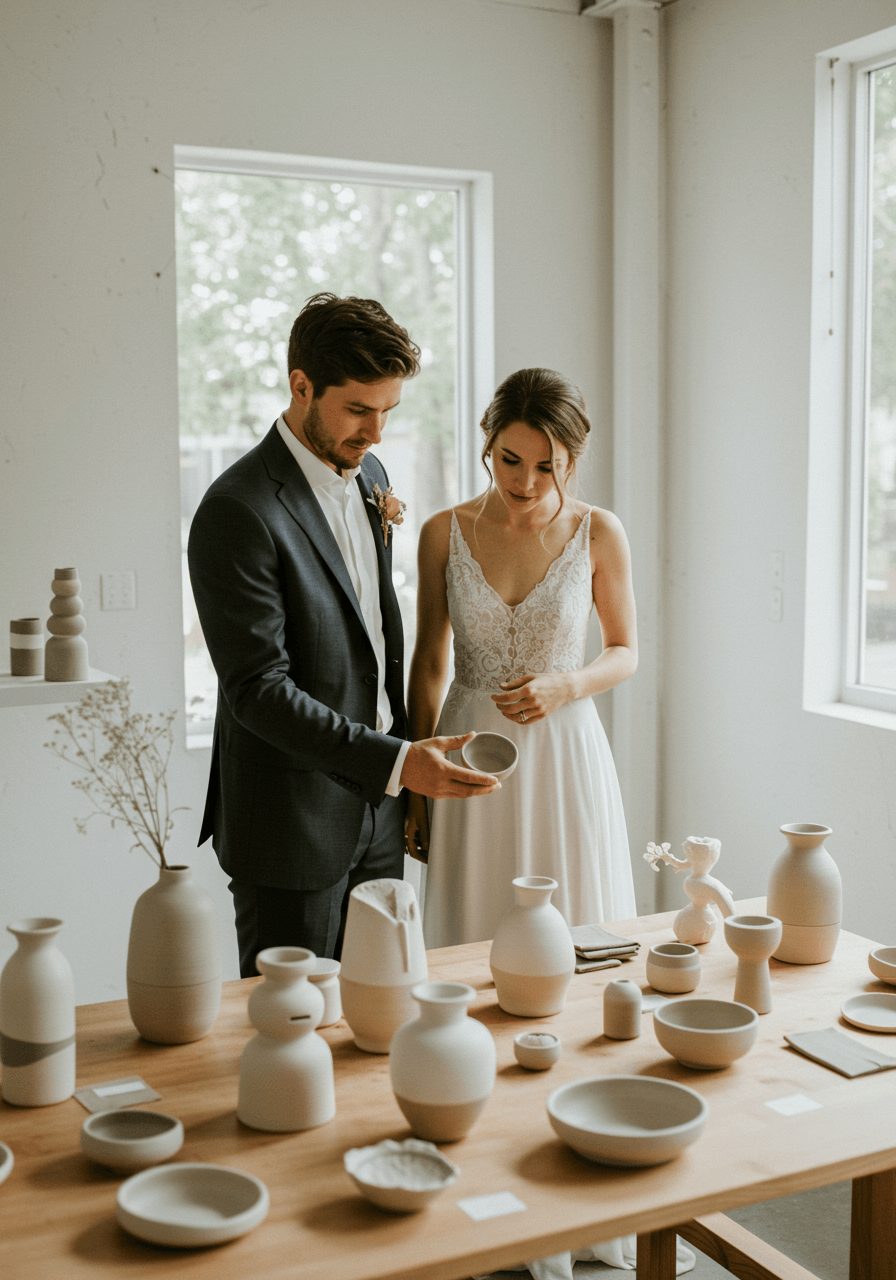 Bride and groom examining handcrafted ceramic vases and bowls on natural wood table in minimalist space