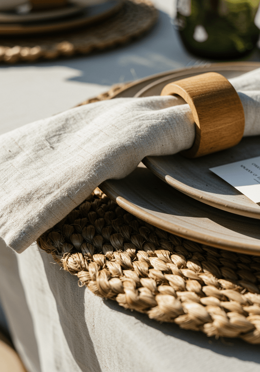 Wedding place setting detail featuring handwoven jute placemat with artisan ceramic plate and wooden napkin ring