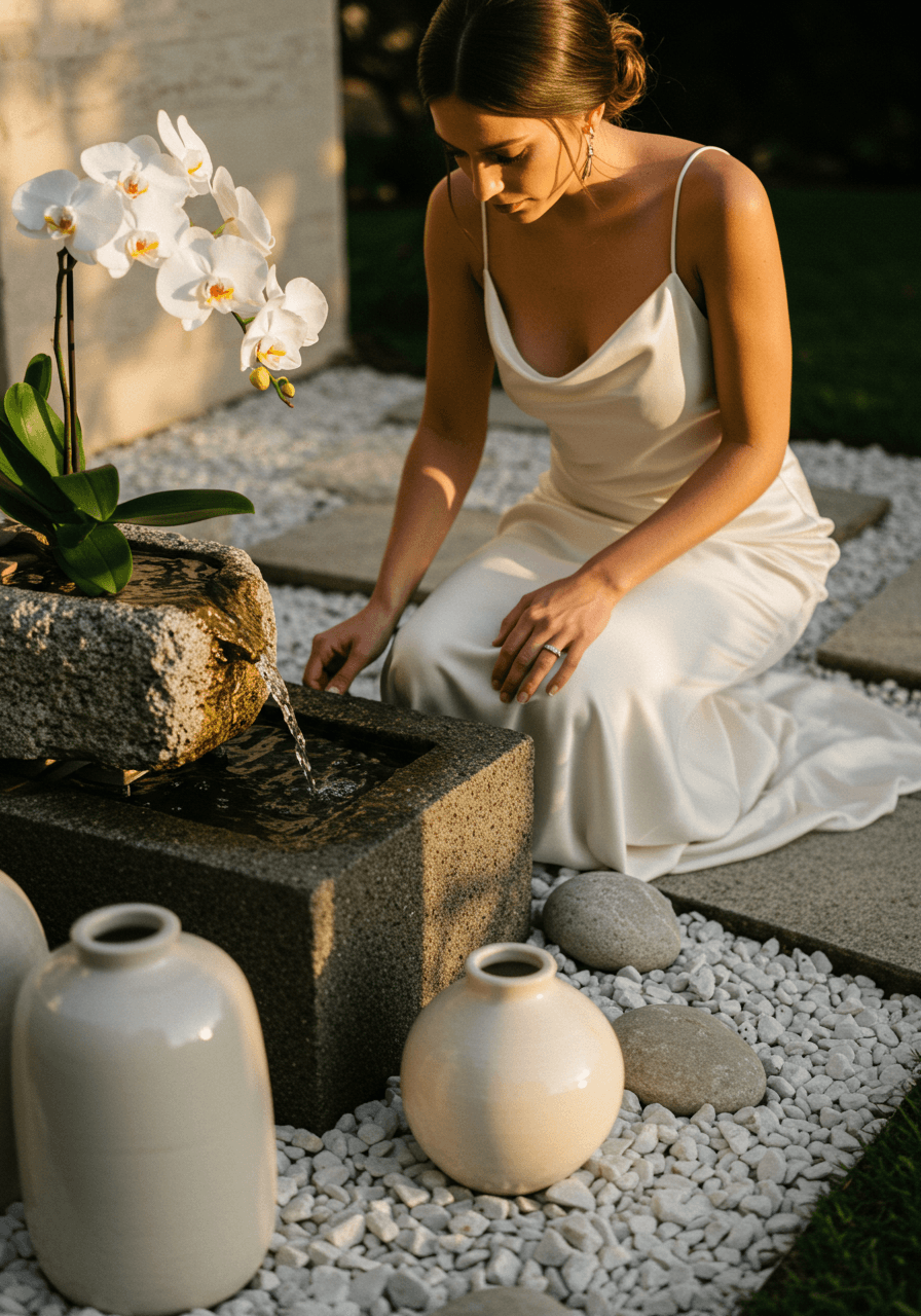 Bride kneeling beside stone water feature in zen garden setting with carefully placed white orchid stems