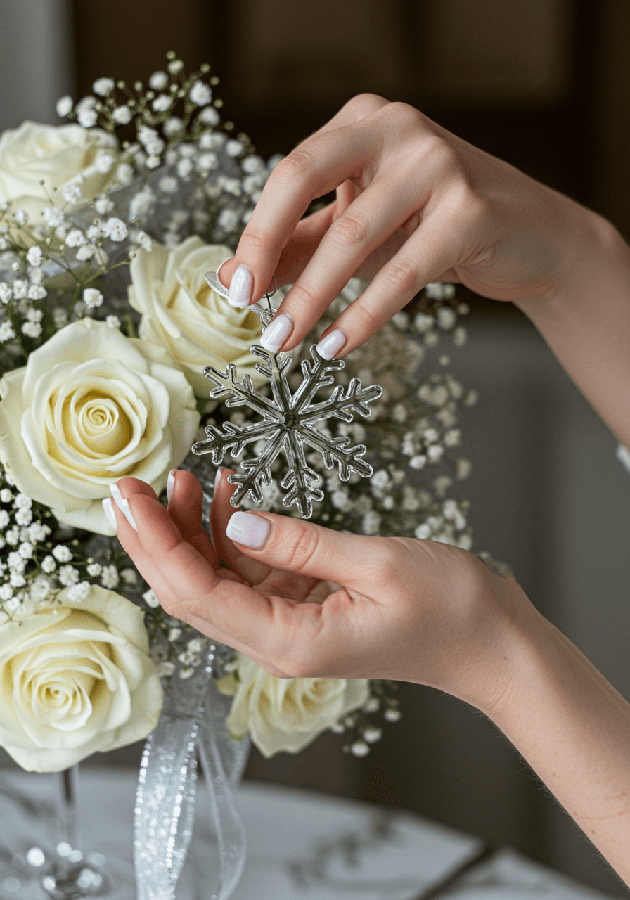 Macro detail of crystal-clear glass snowflake with etched details against winter wedding flowers