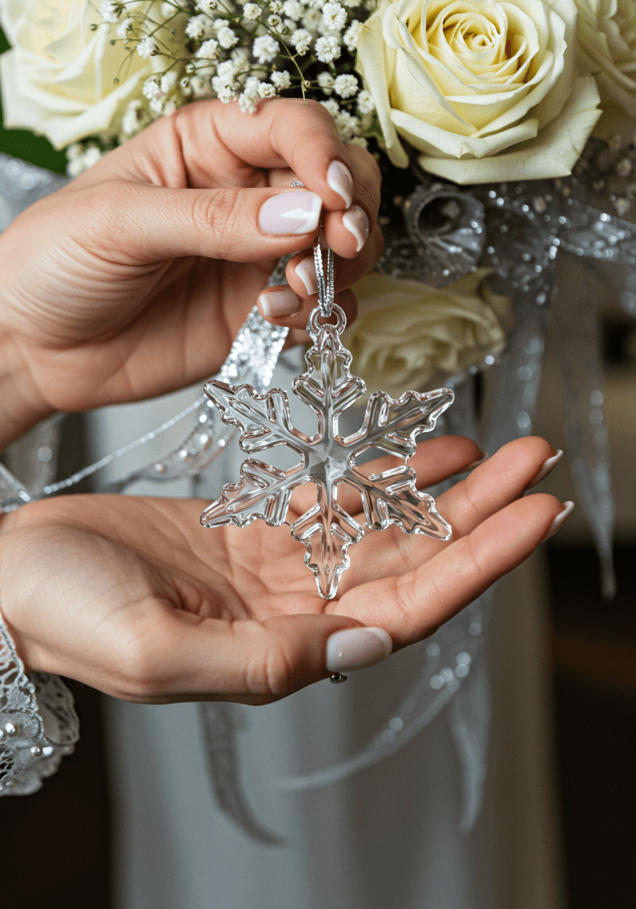 Bride's hand delicately holding translucent glass snowflake ornament with white roses in background