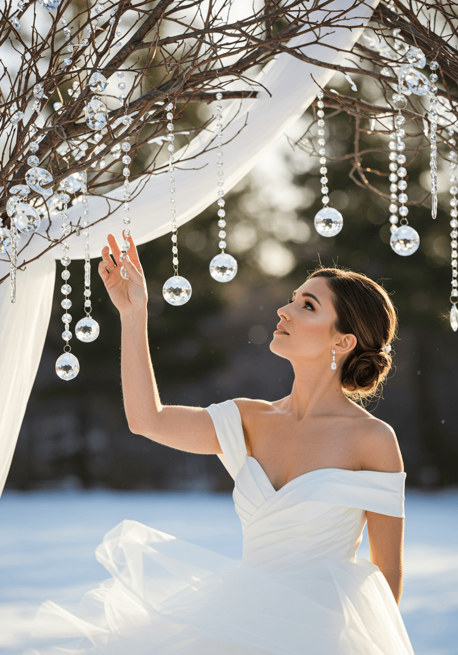 Bride reaching up to touch hanging crystal icicle decorations suspended from tree branches