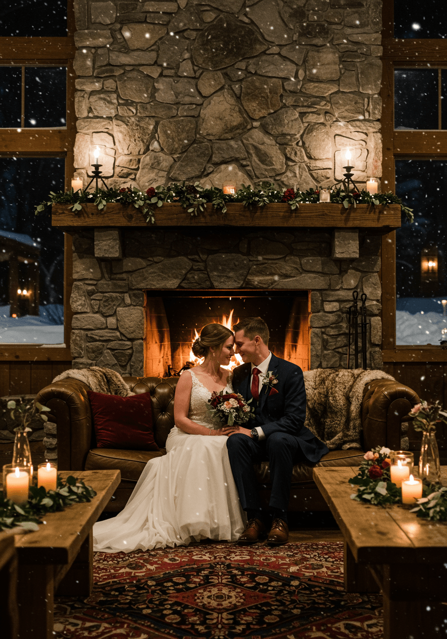 Intimate couple portrait on burgundy velvet sofa with warm firelight and fur throws