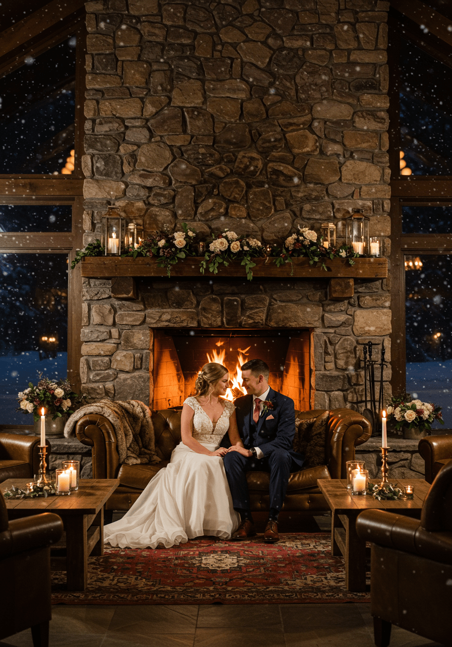 Bride and groom sitting on plush velvet sofa in front of grand stone fireplace with crackling flames