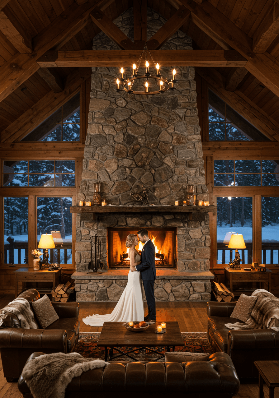 Intimate embrace by crackling fireplace with plush fur throws and warm golden lighting