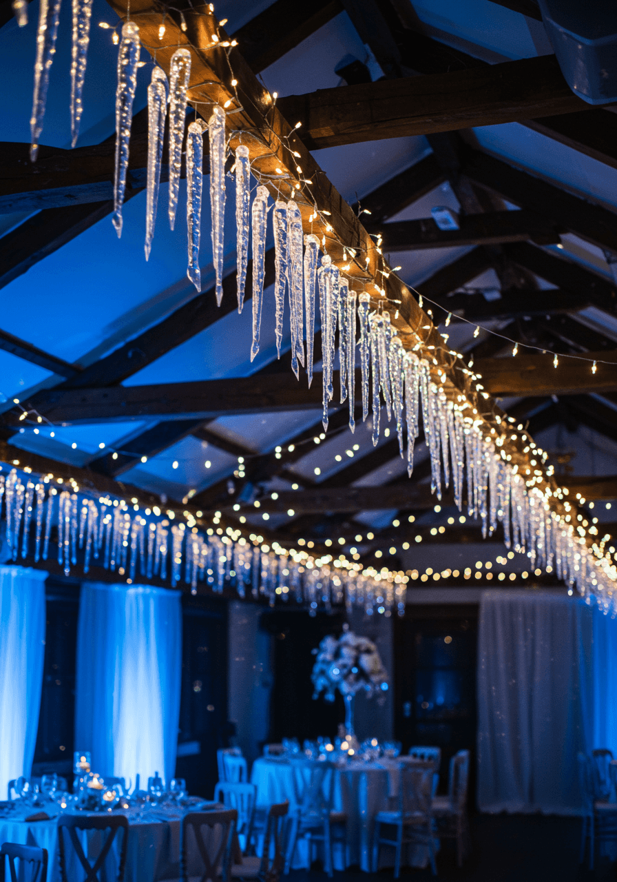 Crystal icicle decorations hanging from wooden ceiling beams in elegant wedding reception space