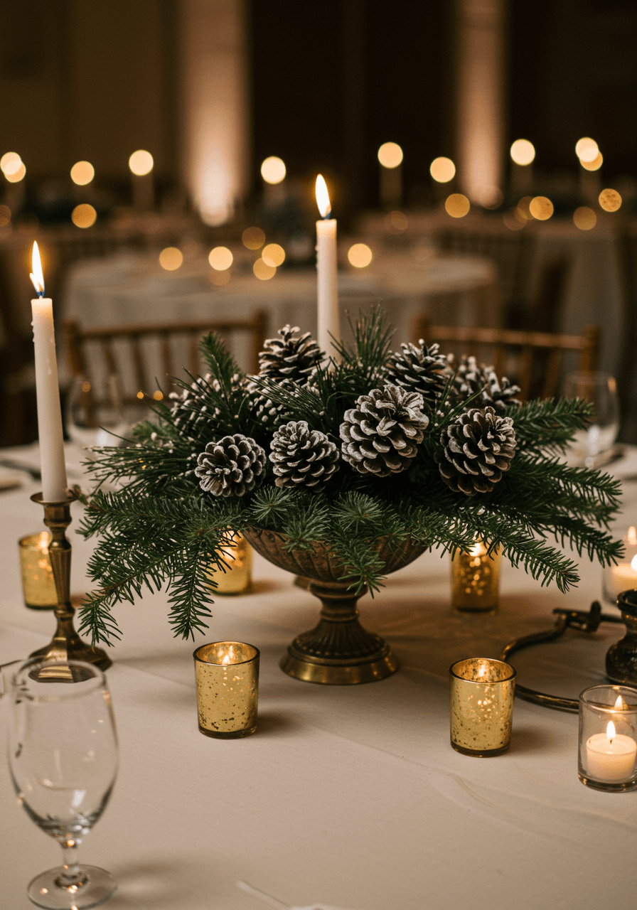 Elegant frosted pinecone centrepiece surrounded by flickering pillar candles on cream linen tablecloth