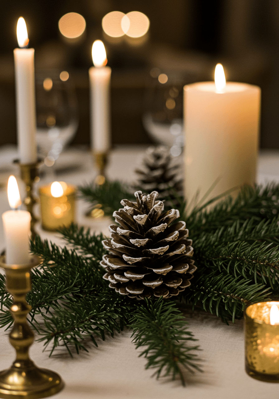 Close-up detail of frosted pinecones and evergreen arrangement glowing in warm candlelight