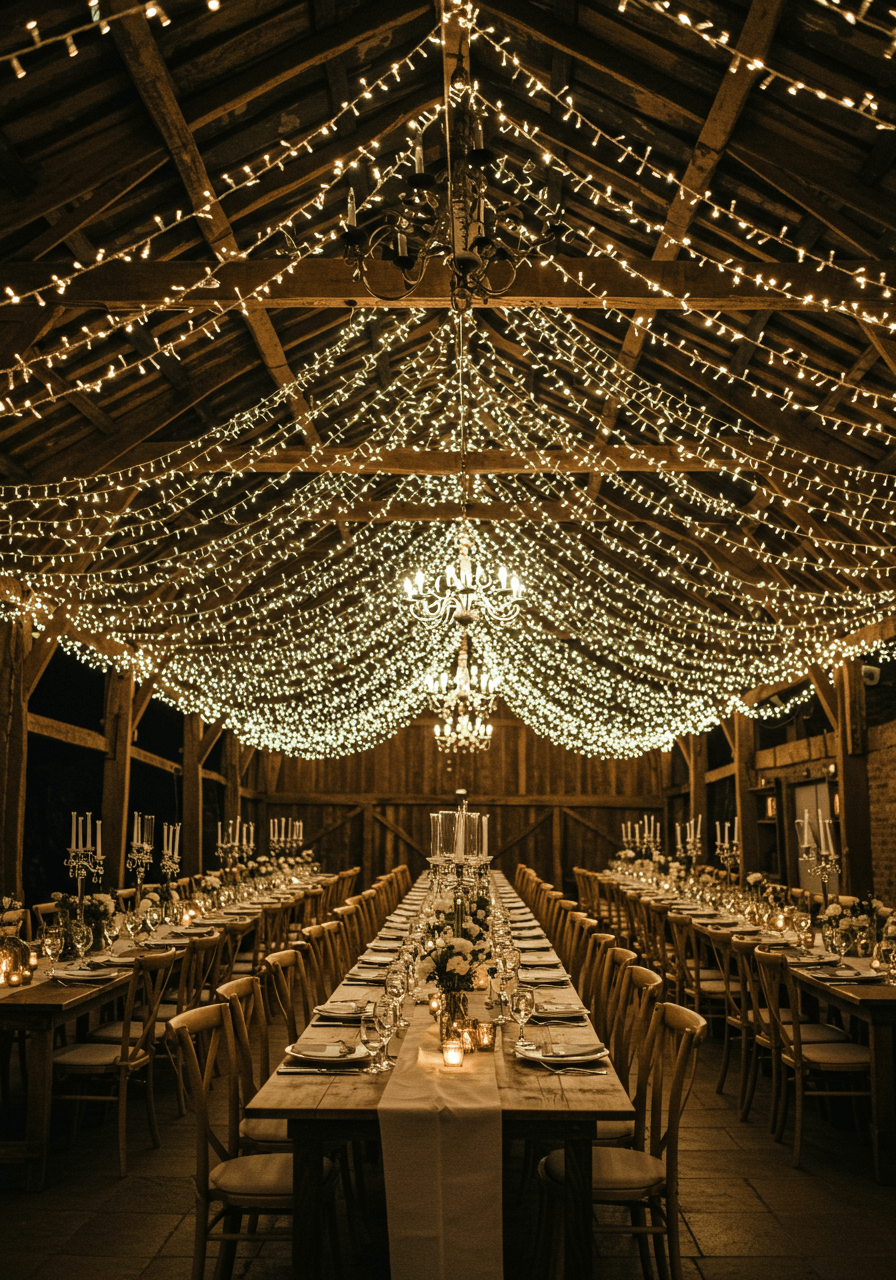 Wide view of barn reception with geometric fairy light patterns suspended from wooden beams