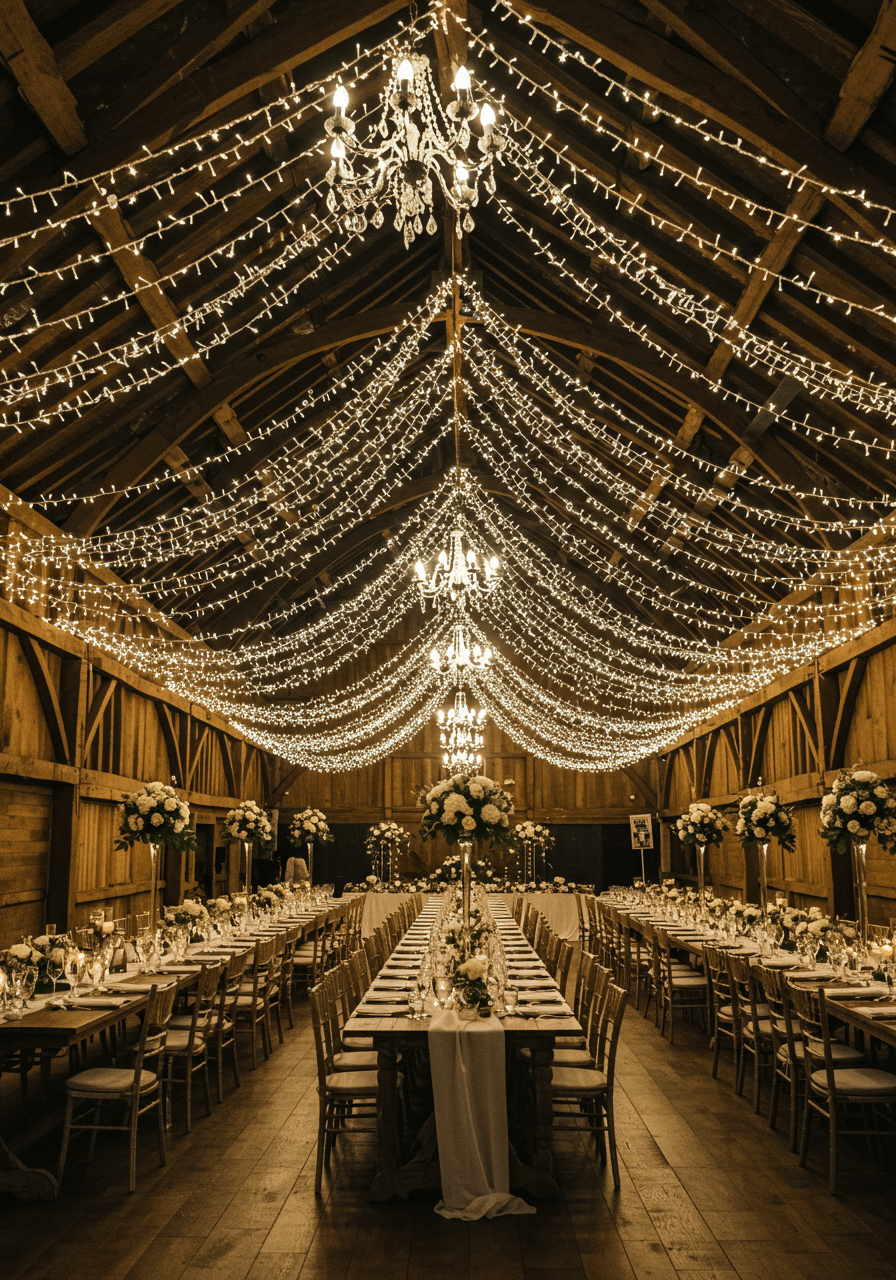 Elaborate fairy light installation creating luminous ceiling canopy over rustic barn reception tables