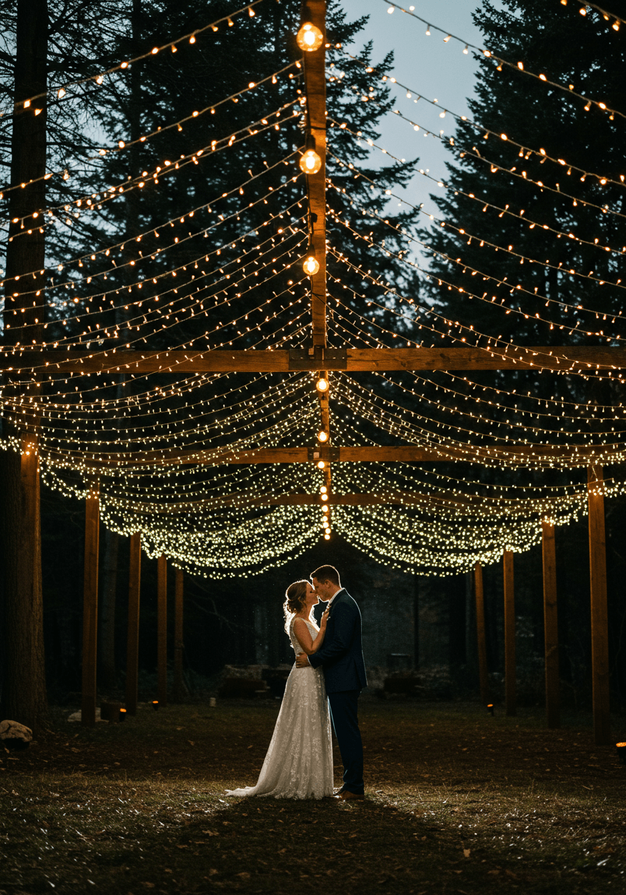 Bride and groom beneath canopy of thousands of twinkling fairy lights in enchanted forest clearing