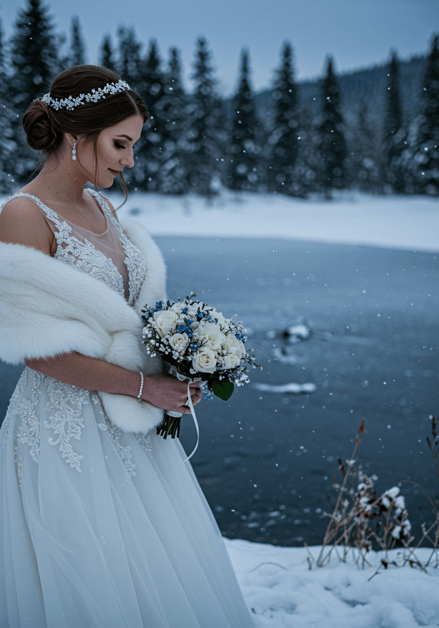 Close-up of bride in silver-beaded gown with white fox fur stole beside crystalline ice formations