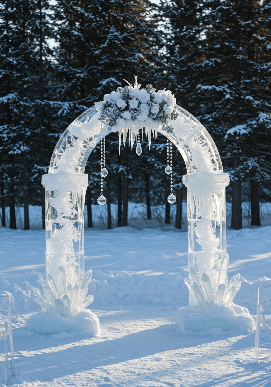 Stunning translucent ice crystal wedding arch made of clear acrylic elements in snow-covered outdoor ceremony space
