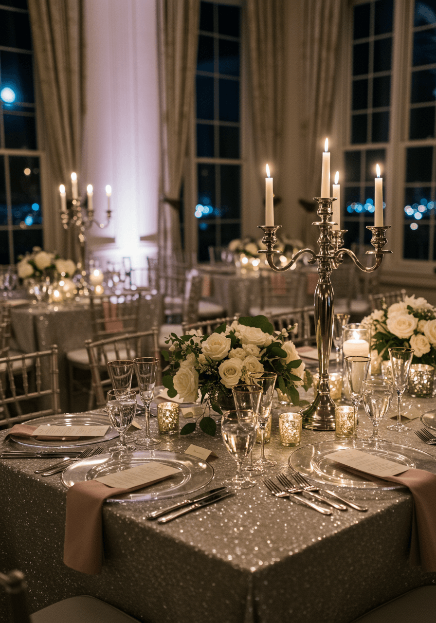Luxurious winter wedding table setting with shimmering gold and silver metallic charger plates
