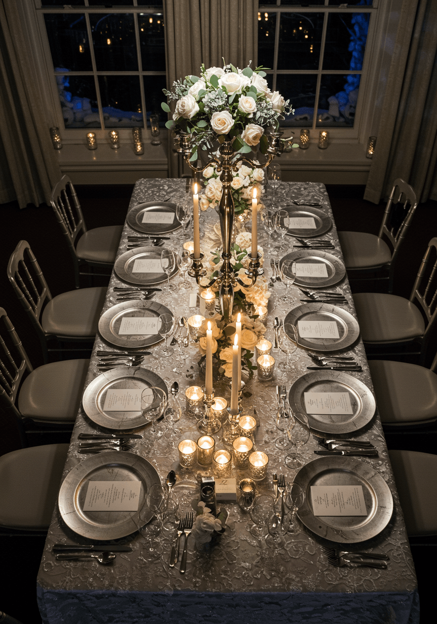 Overhead view of elegant ballroom reception with crystal glassware and metallic table settings