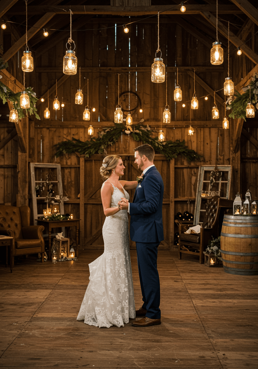Bride and groom first dance on rustic wooden floor in converted barn with mason jar lights