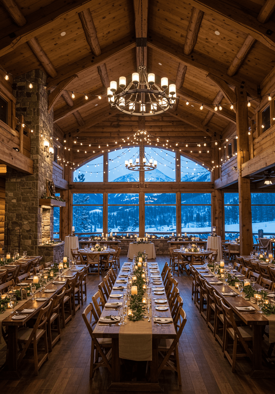 Grand mountain lodge reception venue with rustic wooden tables and twinkling string lights overhead