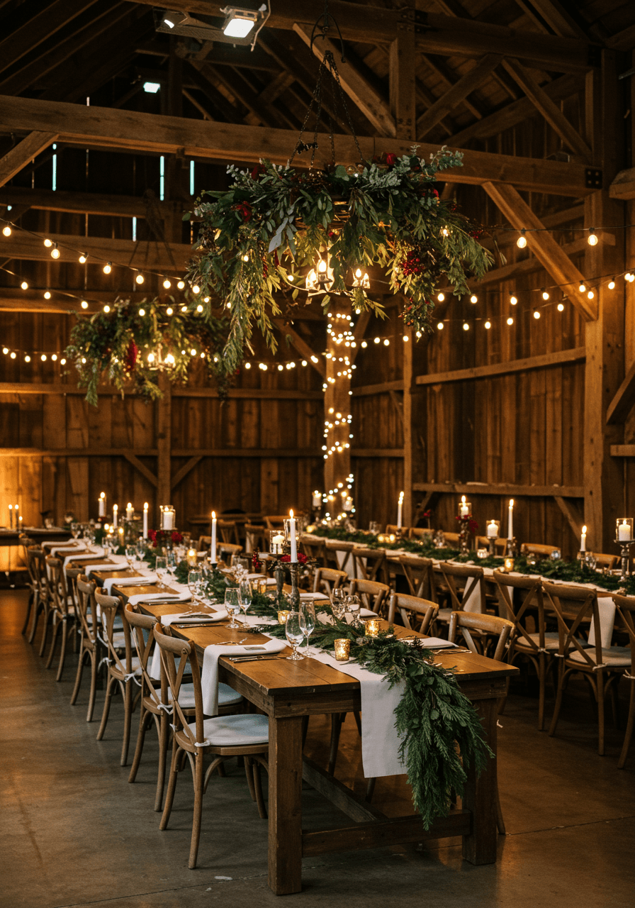 Rustic winter barn reception with long wooden farm tables adorned with white linens and evergreen garlands