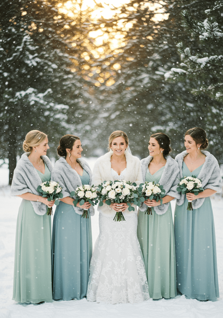 Winter bridal party in dusty blue, sage green, and ivory gowns standing in snow-covered pine forest