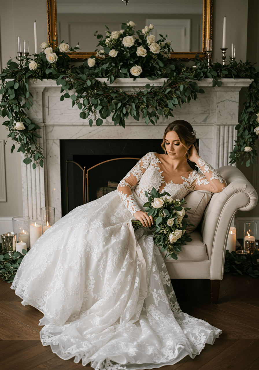 Bride in elegant winter dress reclining on cream chaise lounge beside marble fireplace with winter greenery