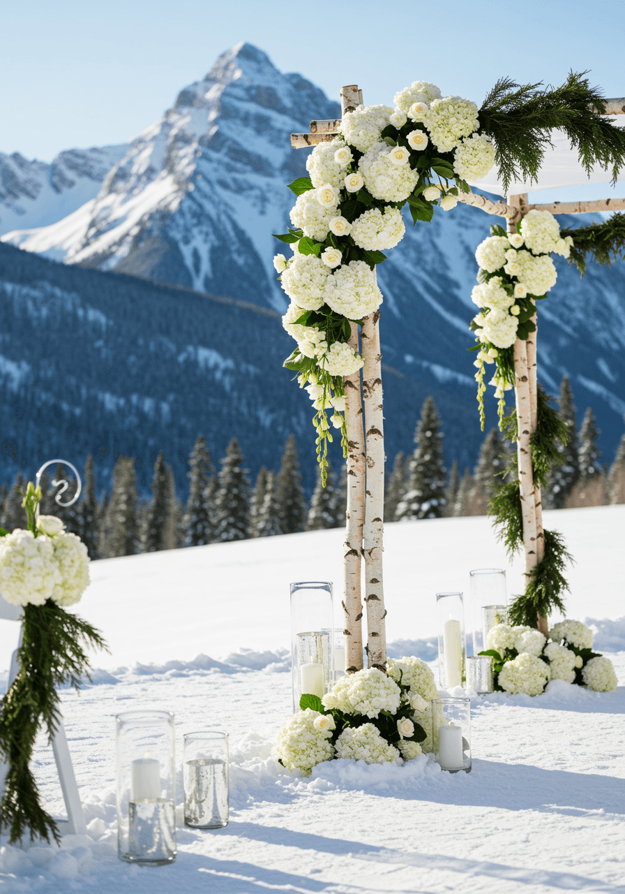 Winter ceremony altar featuring white birch branches and hydrangeas against snow-covered mountains during golden hour