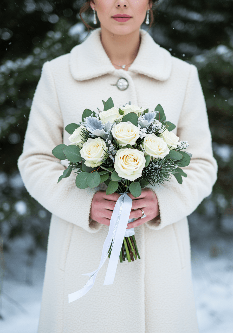 Bride holding white and silver winter wedding bouquet in snow-dusted evergreen forest