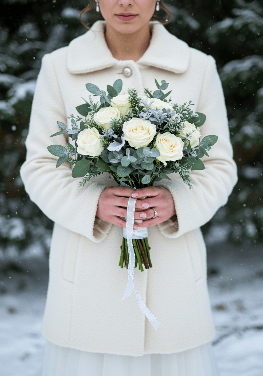Winter bride in white wool coat with silver buttons holding elegant bouquet in snowy forest