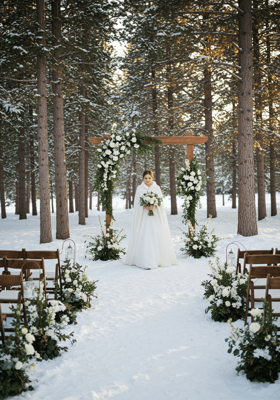 Bridal processional through snowy pine forest with cathedral train flowing behind